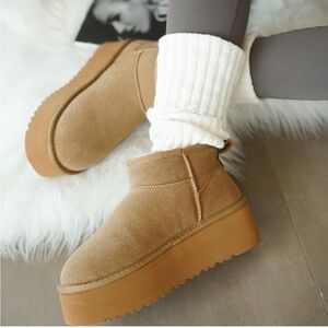 Chestnut Suede Leather Fur Platform  Winter Ankle Boot — UGG Style — NIB — 6